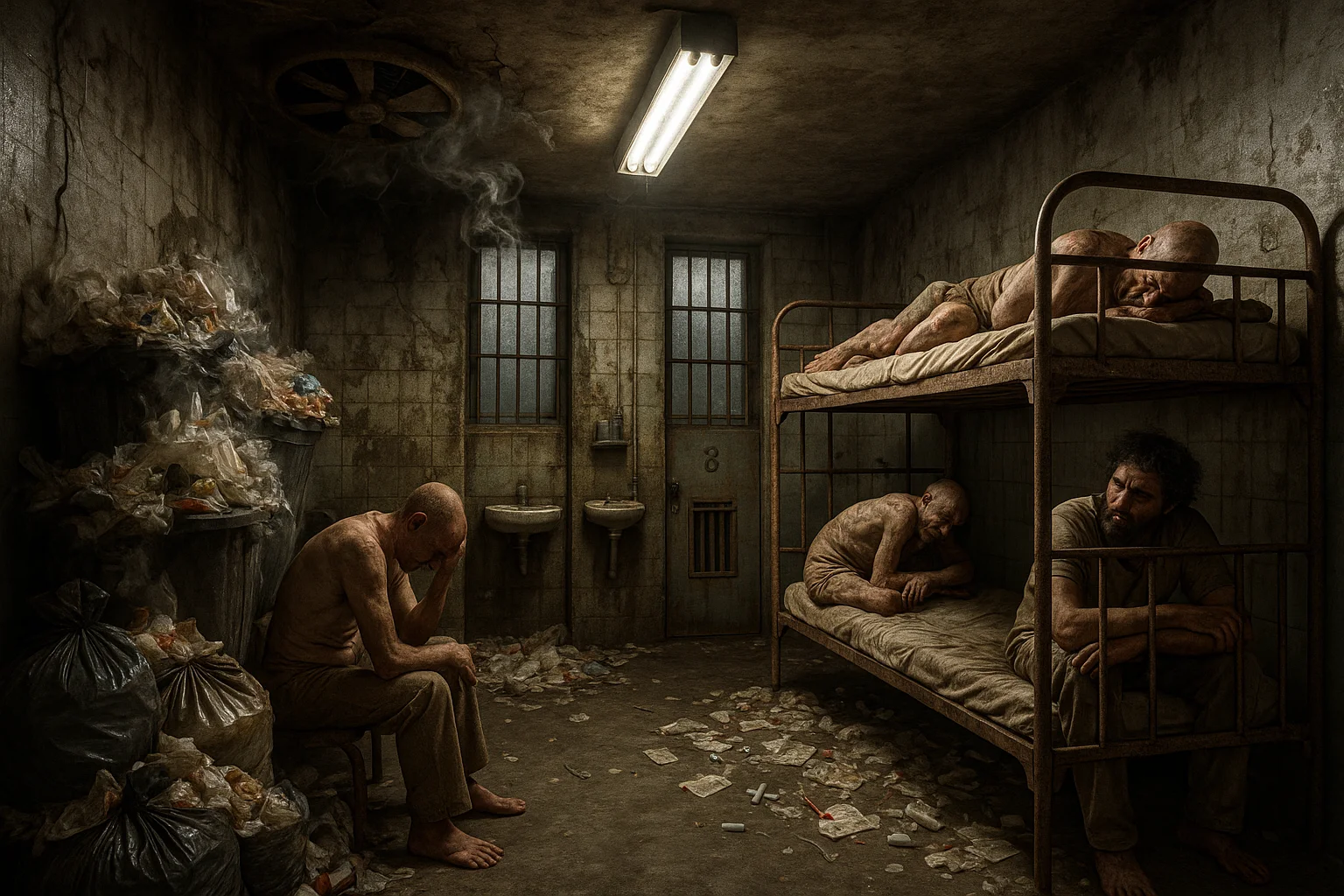 Visualização detalhada da prisão Brasil's Penitentiary com problemas de higiene, detentos em condições precárias e iluminação clínica.